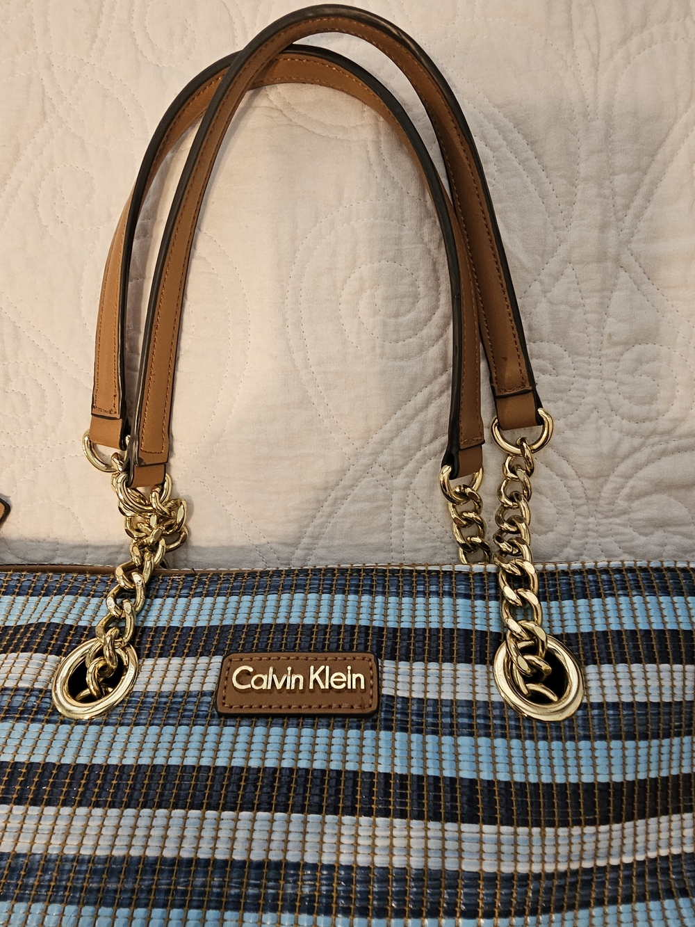 Calvin Klein Blue & Brown Chain-Handle Shoulder Bag
